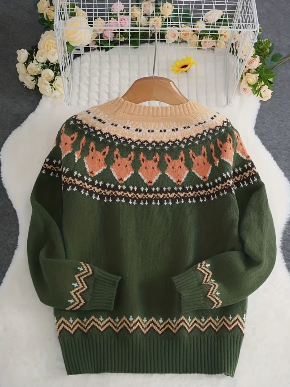 Woodland Fox Fair Isle Sweater | Forest Green Cozy Knit Pullover - Picture 3 of 13